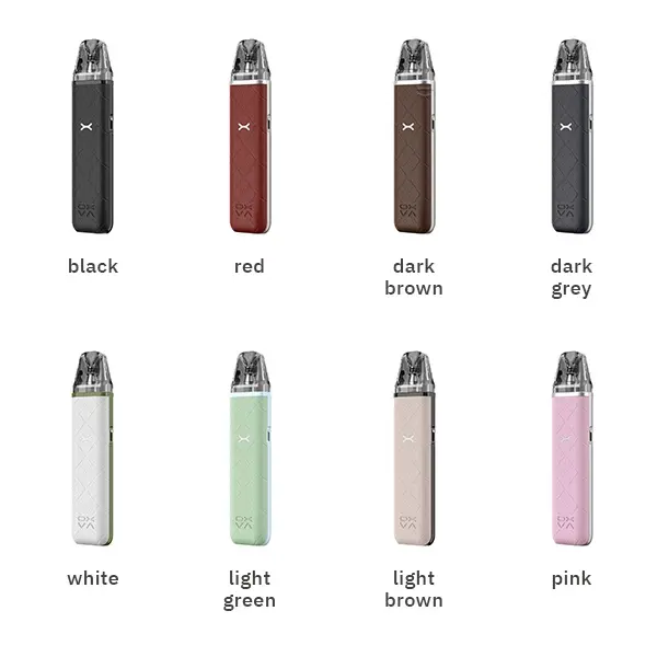 Oxva Xlim Go Pod Kit – alle 8 Farbvarianten im Überblick: Schwarz, Rot, Dunkelbraun, Dunkelgrau, Weiß, Hellgrün, Hellbraun, Rosa