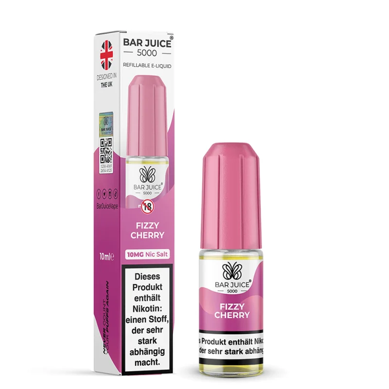 Bar Juice 5000 Fizzy Cherry Nikotinsalz-Liquid 10ml – pink-rote Flasche mit Verpackungsbox, Vorderansicht