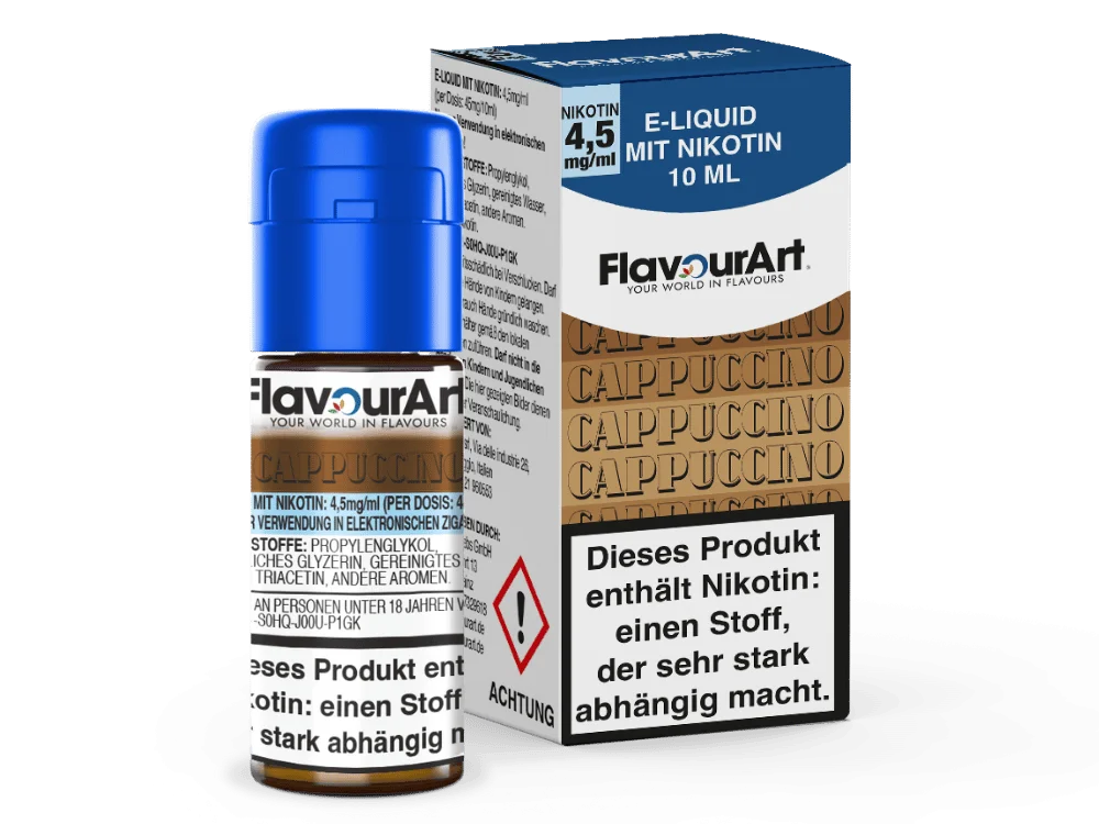 FlavourArt_Liquid_Cappuccino_4-5_mg_Flasche_Packung_1000x750.png Flavourart Cappuccino 10ml Liquid 4,5 mg/ml – braun-beige Verpackung mit Flasche