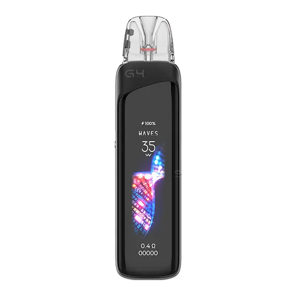 Uwell Caliburn G4 Pro Pod Kit in Schwarz-Gold, Seitenansicht mit Display und aufgesetztem Pod