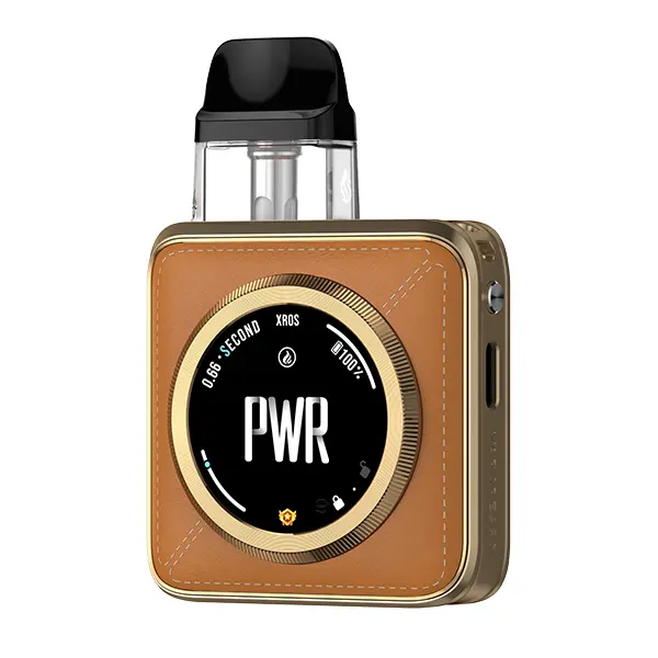 Vaporesso XROS 5 Nano Pod Kit in Orange Leatherette mit goldfarbenem Rahmen und PWR-Display
