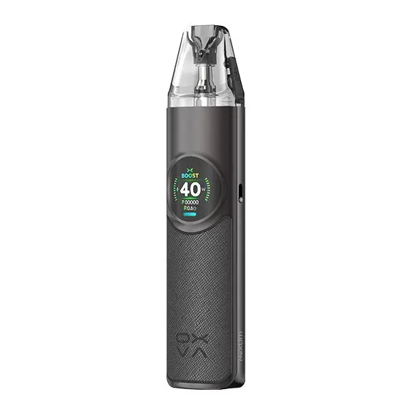 Oxva NeXlim Pod Kit in Dunkelgrau mit rundem Display und transparentem Pod, Frontansicht