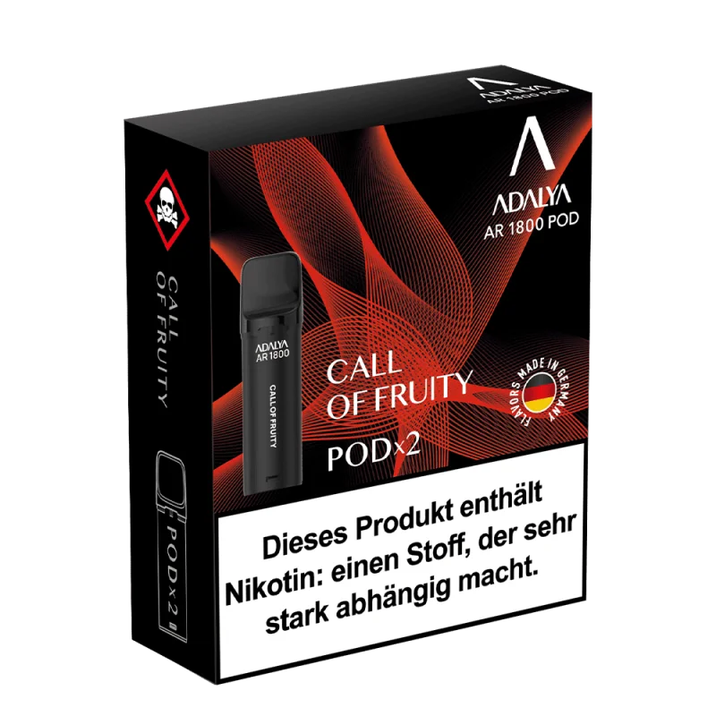Adalya AR1800 Prefilled Pod Call of Fruity – schwarze Verpackungsbox mit 2 Pods, roter Hintergrund