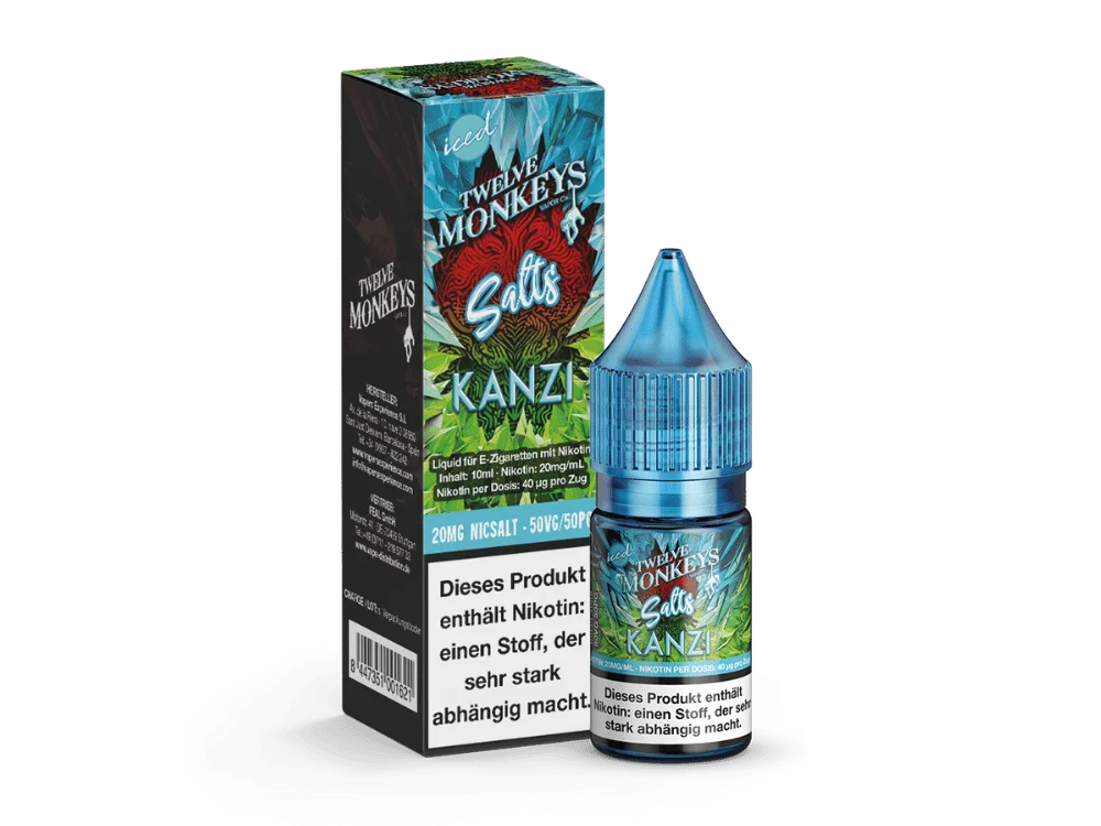 Twelve Monkeys Iced Kanzi 10ml Nikotinsalz-Liquid, grün-blaue Verpackung mit Flasche, Frontansicht