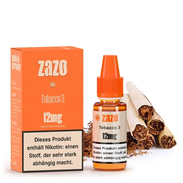 ZAZO Classics Tobacco 3 eLiquid 10ml in oranger Verpackung mit 12mg Nikotin und Tabakblättern im Hintergrund