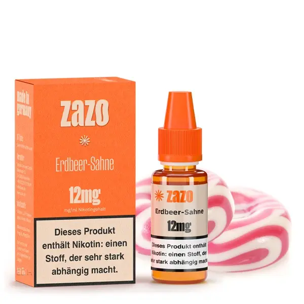 ZAZO Classics Erdbeer-Sahne 10ml Liquid 12mg – Packung mit Flasche und Erdbeer-Bonbon-Dekoration