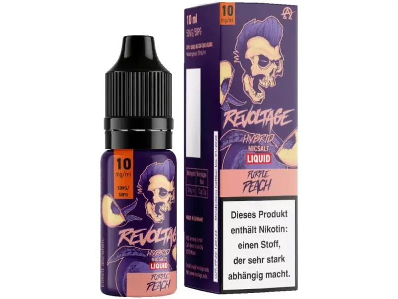 Revoltage Purple Peach Hybrid-Nikotinsalz-Liquid 10ml – lila Flasche 10 mg/ml mit passender Verpackungsbox