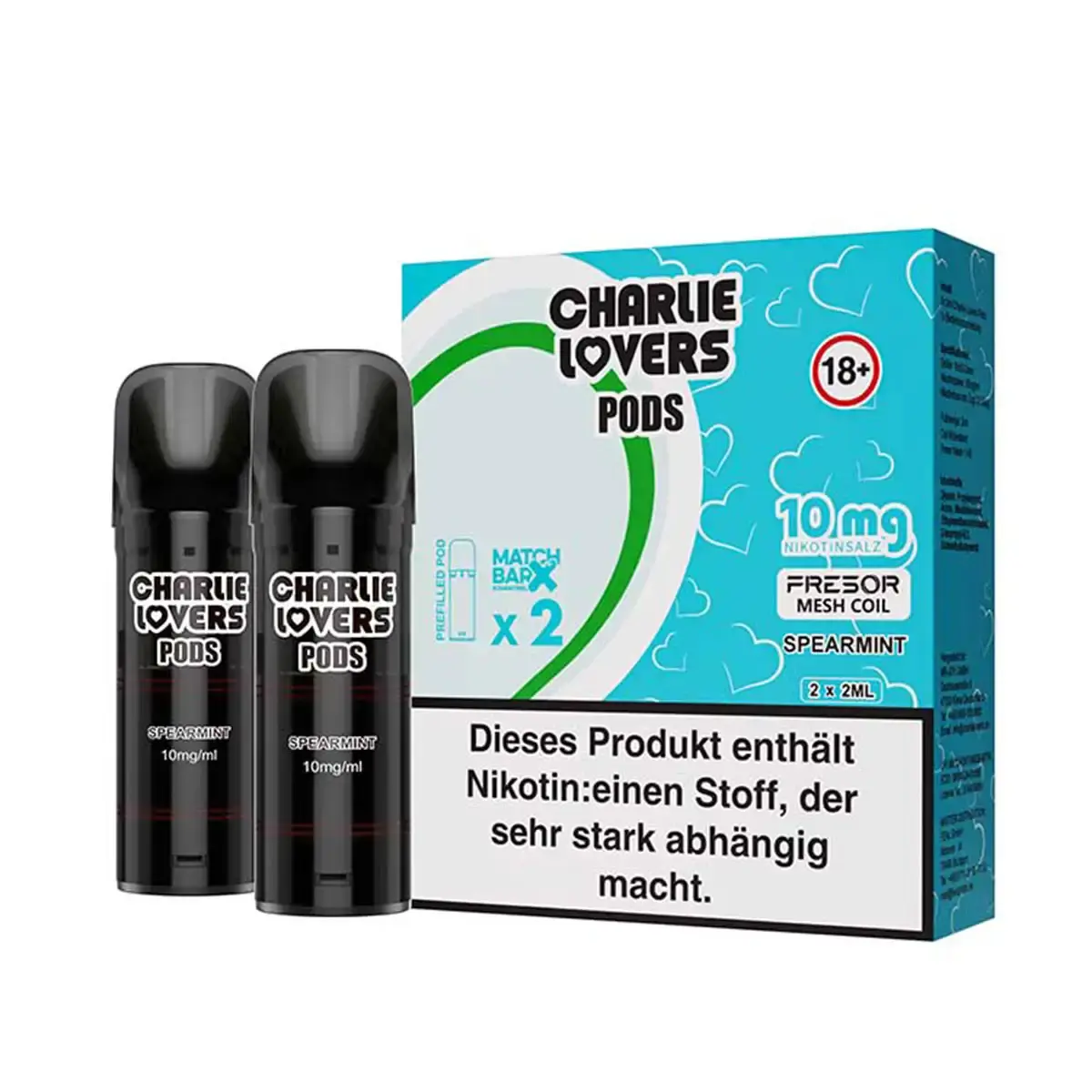 Charlie Lovers Prefilled Pod Spearmint 2er-Pack mit türkis-weißer Verpackung und zwei grauen Pods, 10 mg