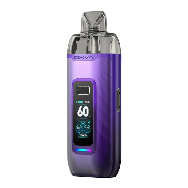 Oxva VPrime Pod Kit in Lila mit farbigem Display und transparentem Pod, Frontansicht