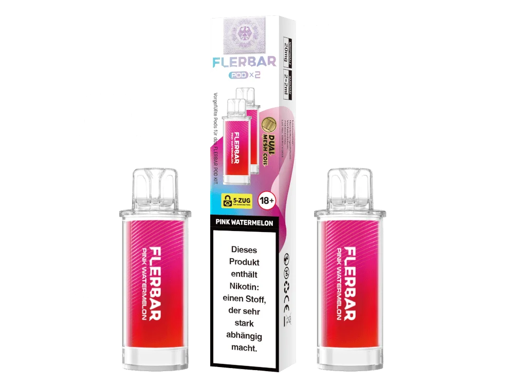 Flerbar Prefilled Pod Pink Watermelon – Verpackung und zwei pink-farbene Pod-Kartuschen