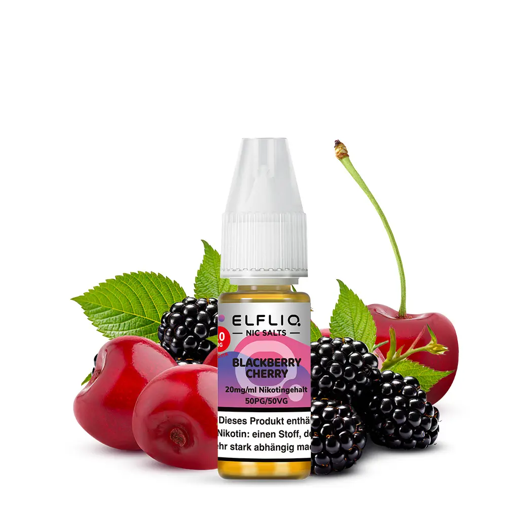 Elfliq Blackberry Cherry 10ml Nikotinsalz-Liquid von Elfbar – Flasche mit Brombeeren und Kirschen im Hintergrund