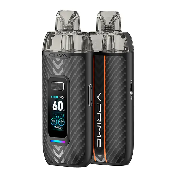 Oxva VPrime Pod Kit in Carbon-Schwarz mit orangem Akzent, zwei Ansichten mit Farbdisplay