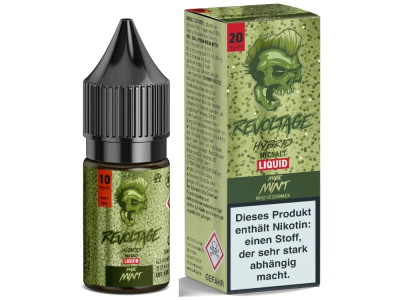 Revoltage Magic Mint 10ml Hybrid-Nikotinsalz-Liquid – Flasche und grüne Schachtel, nikotinhaltige Variante