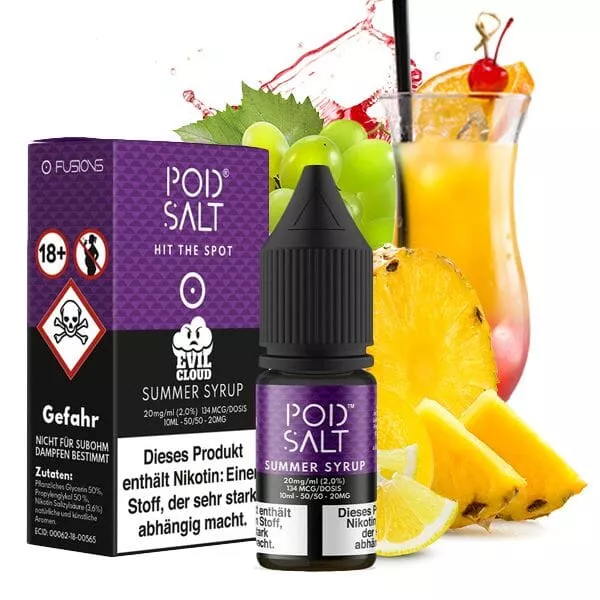 PodSalt Fusion Summer Syrup 10ml Nikotinsalz-Liquid – Flasche mit tropischer Cocktail-Grafik, Ananas und Kirschen