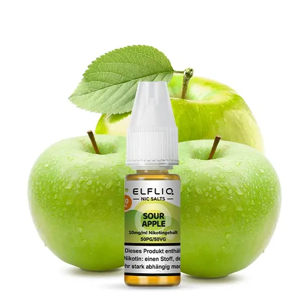 Elfbar Elfliq Sour Apple 10ml Nikotinsalz-Liquid, Flasche vor frischen grünen Äpfeln