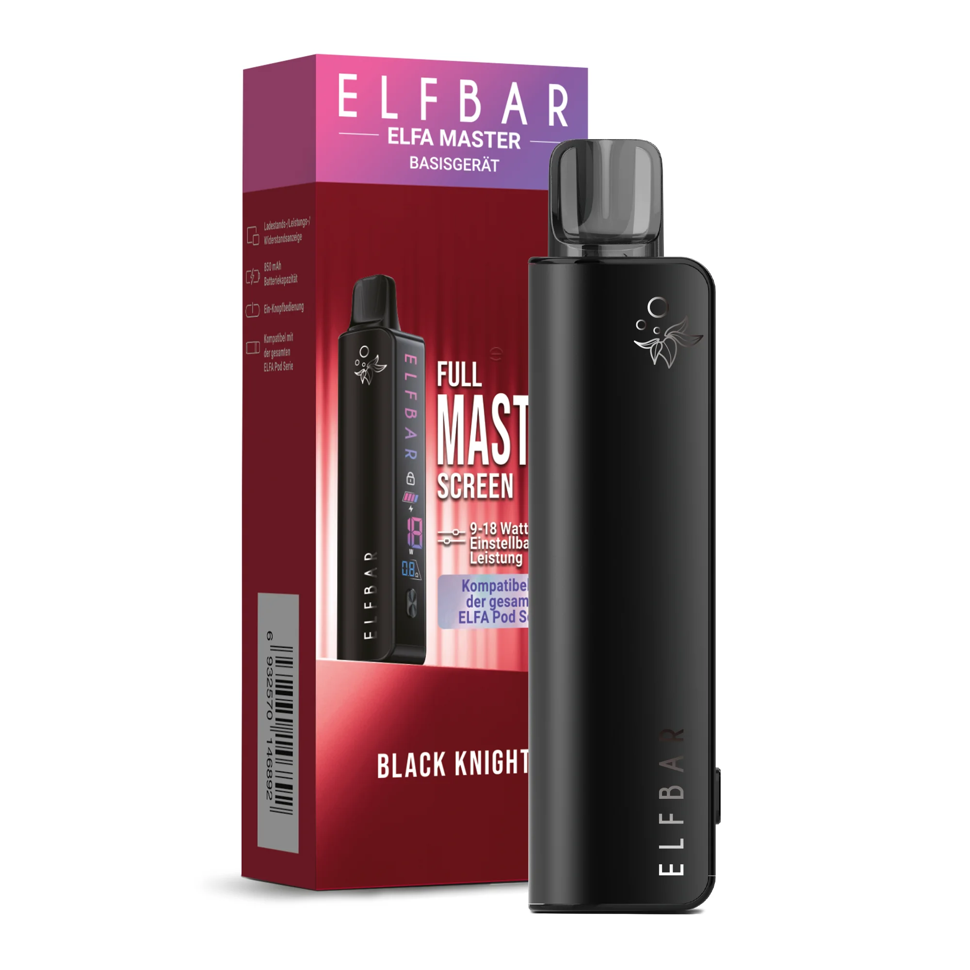 Elfbar Elfa Master Basisgerät Black Knight mit Originalverpackung – schwarzes Pod-System neben roter Produktbox