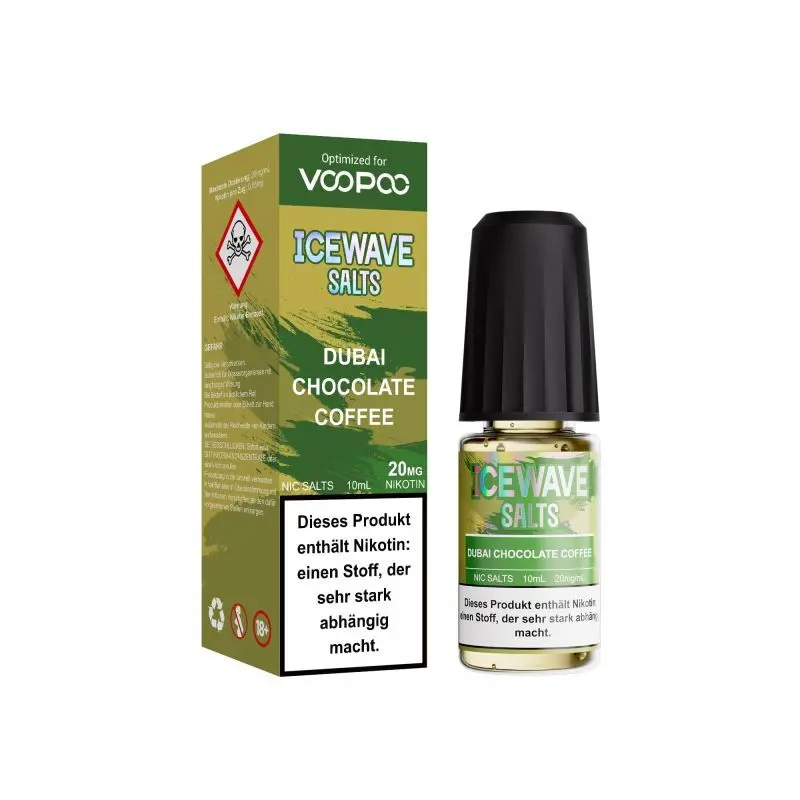 Icewave Salts Dubay Chocolate Coffee 10ml Nikotinsalz-Liquid – grüne Box und Flasche seitlich