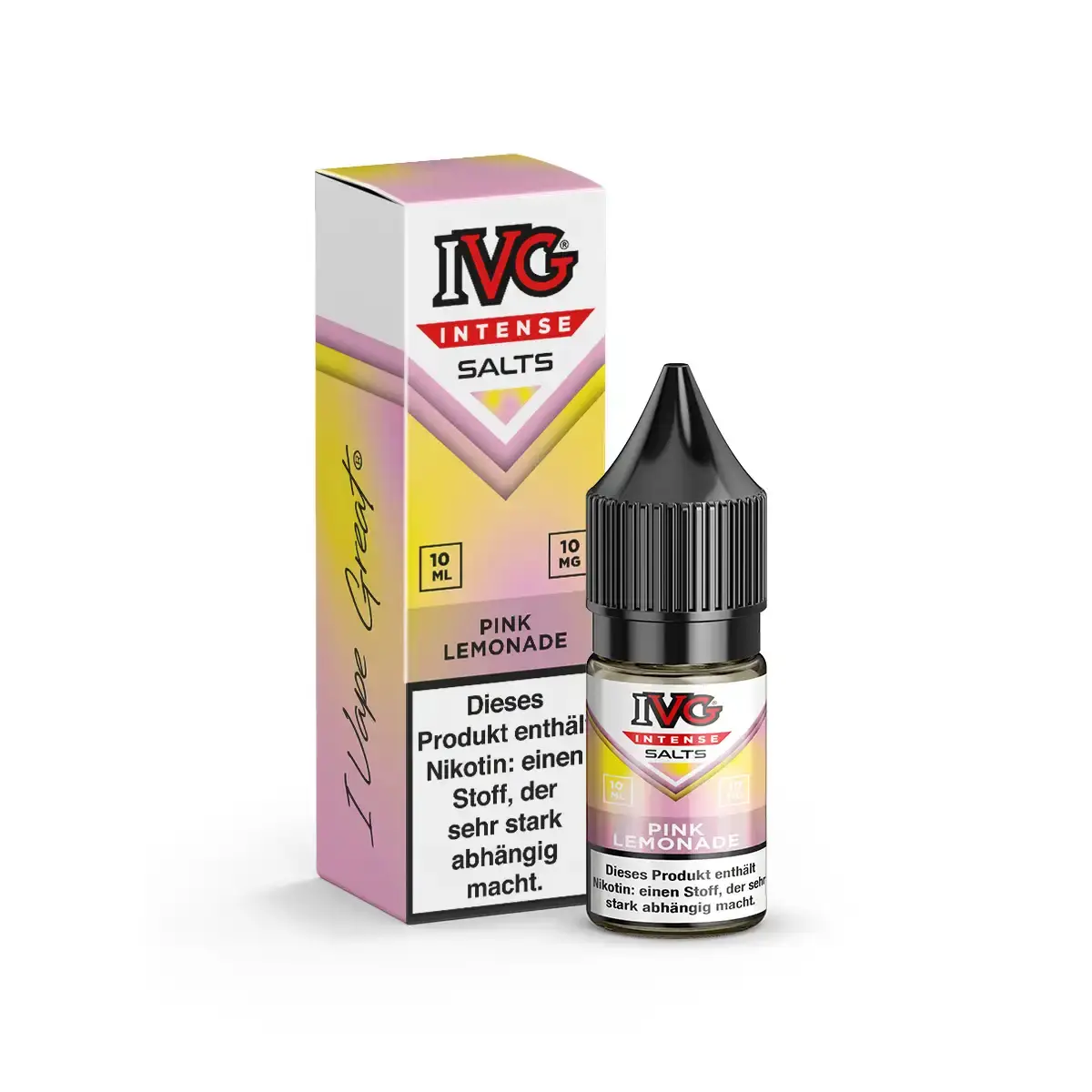 IVG Intense Salts Pink Lemonade 10ml Nikotinsalz-Liquid – rosa-gelbe Verpackung mit Flasche, Vorderansicht