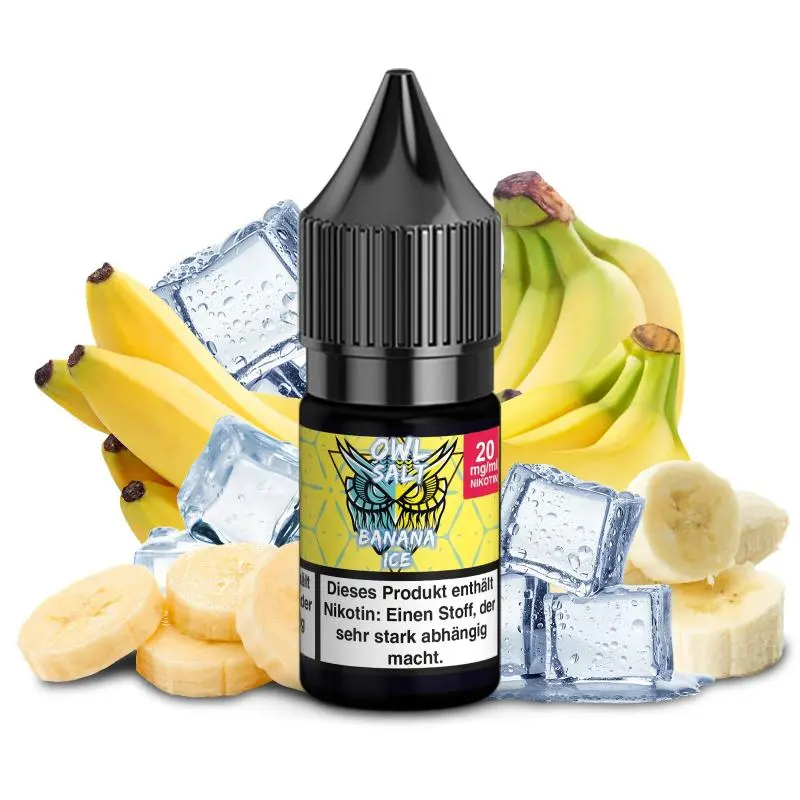 OWL Banana Ice 10ml Nikotinsalz-Liquid Flasche mit rotem Nikotingehalt-Etikett, Bananen und Eis