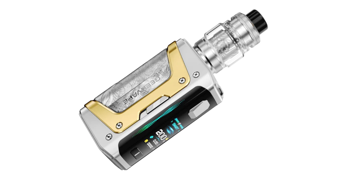 GeekVape Aegis Legend 5 10th Anniversary Edition Kit Seitenansicht in Silber-Gold mit montiertem Verdampfer
