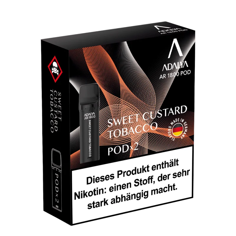 Adalya AR1800 Prefilled Pod Sweet Custard Tobacco – dunkle Verpackung mit 2 Pods, braun-goldene Akzente