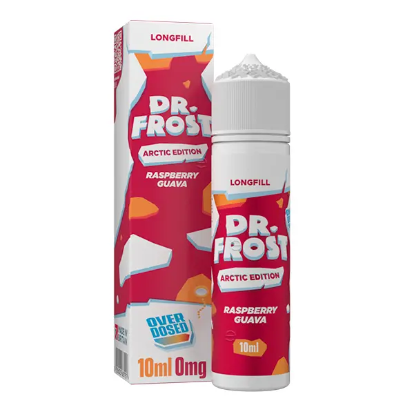 Dr. Frost Arctic Edition Raspberry Guava Longfill, rote Verpackung mit 10ml Flasche und 60ml Leerflasche