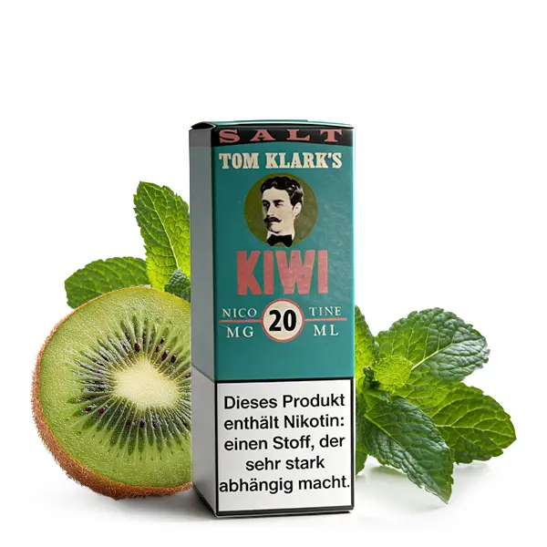 Tom Klarks Kiwi Nikotinsalz-Liquid 10ml, türkises Etikett mit frischer Kiwi und Minze, 20mg