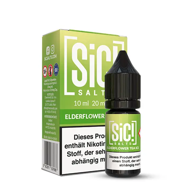 SiC! Salts Elderflower Tea Ice Nikotinsalz-Liquid 10ml Flasche mit grüner Schachtel, Frontansicht