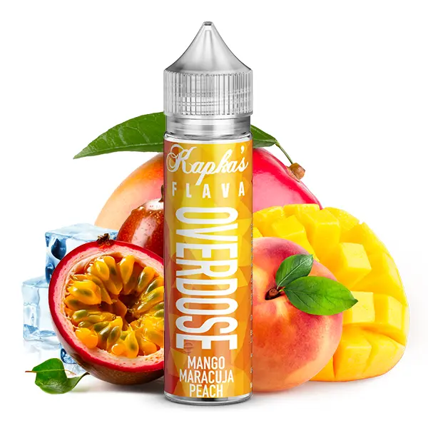 Kapka's Flava Overdose Mango Maracuja Peach Longfill 60-ml-Flasche, gelbes Etikett, Mango und Maracuja im Hintergrund