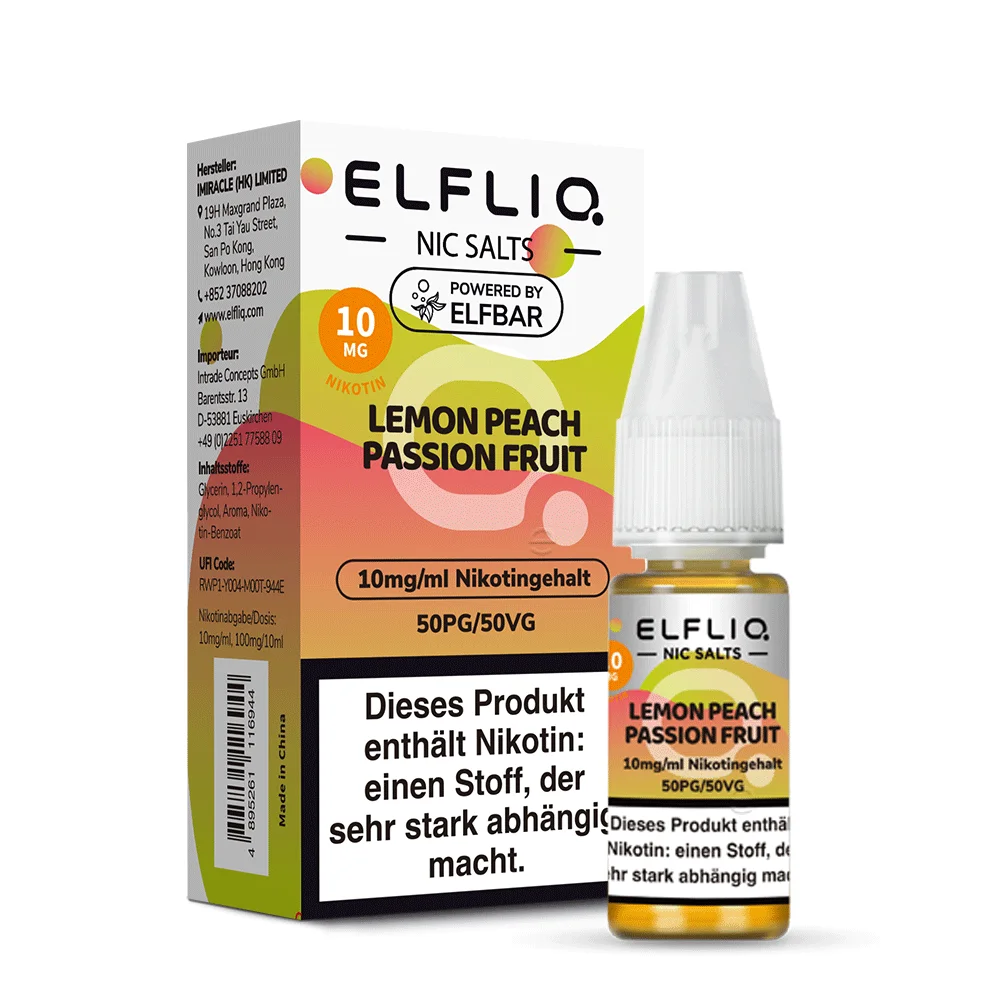 Elfliq Lemon Peach Passion Fruit 20mg Nikotinsalz-Liquid 10ml – Flasche mit Produktinformation