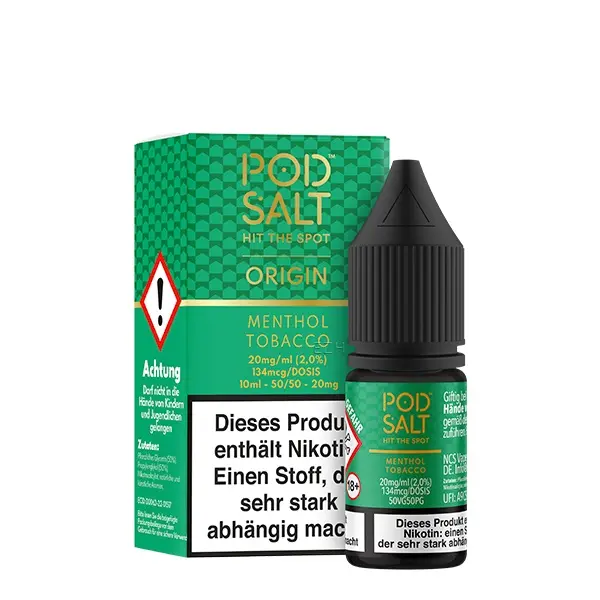 PodSalt Origin Menthol Tobacco Nikotinsalz-Liquid – 10ml Flasche und Verpackung in Grün
