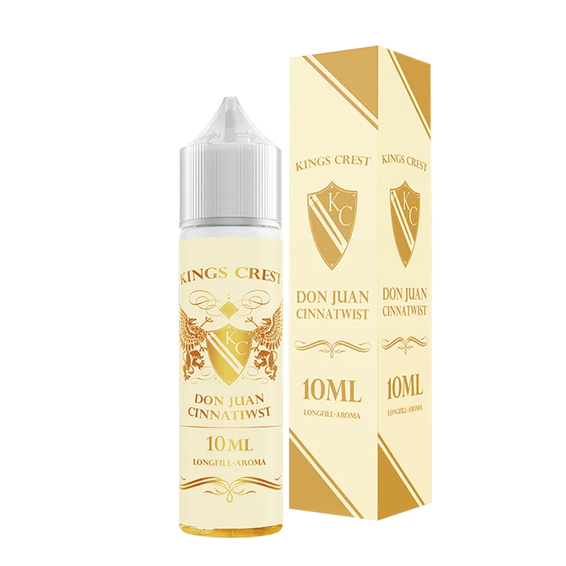 Kings Crest Don Juan Cinnatwist Longfill 10ml Flasche mit goldener Verpackung, Frontalansicht