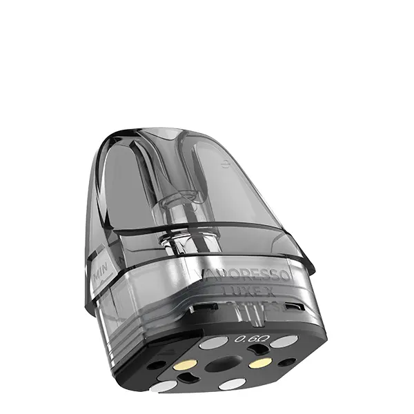 Vaporesso Luxe X Series Mesh Ersatz-Pod Corex 2.0, transparenter Pod, Schrägansicht Unterseite mit Kontakten