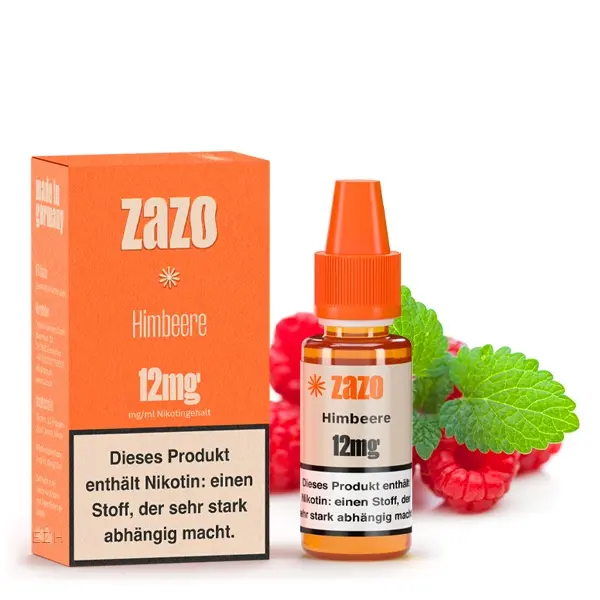ZAZO Classics Himbeere 10ml Liquid – orange Flasche und Packung mit frischen Himbeeren, 12mg Nikotin
