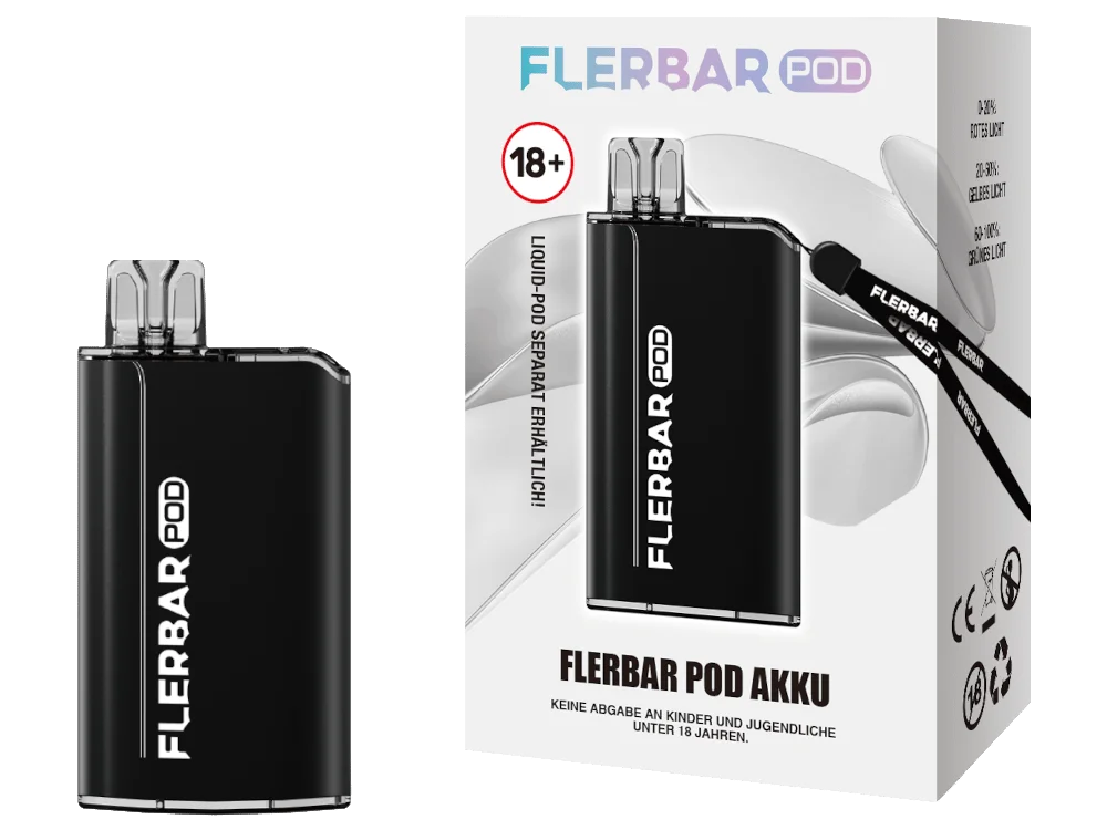 Flerbar Basisgerät in Schwarz mit passender Verpackungsbox, kompaktes Pod-System mit Lanyard