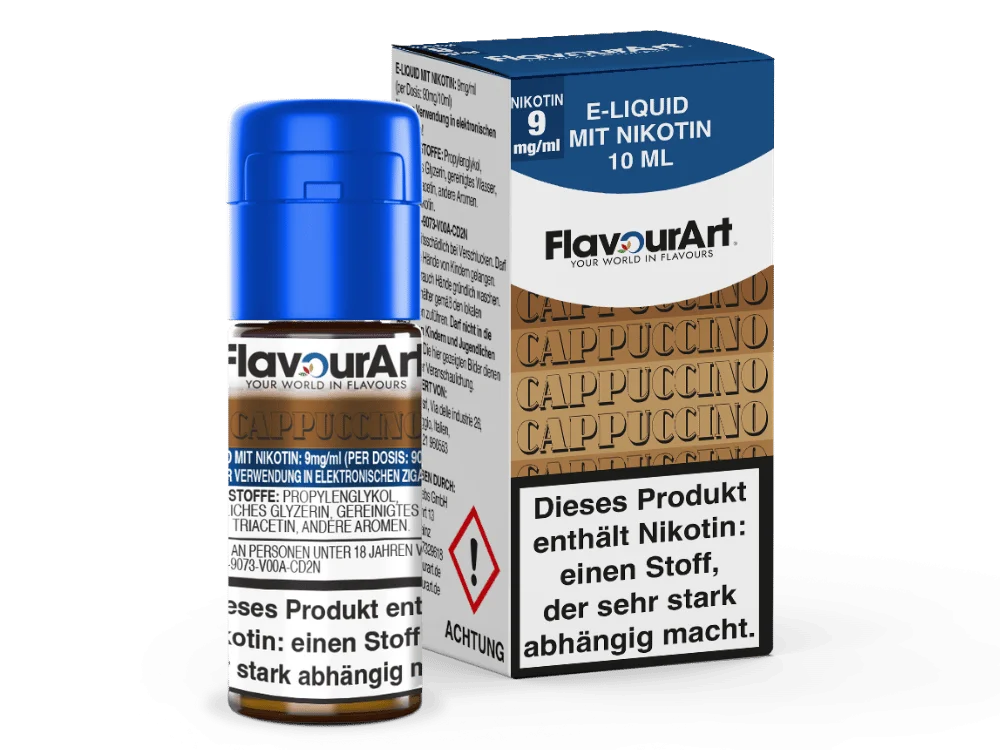 FlavourArt_Liquid_Cappuccino_9_mg_Flasche_Packung_1000x750.png Flavourart Cappuccino 10ml Liquid – braune Flasche mit Schachtel, 9 mg Nikotin