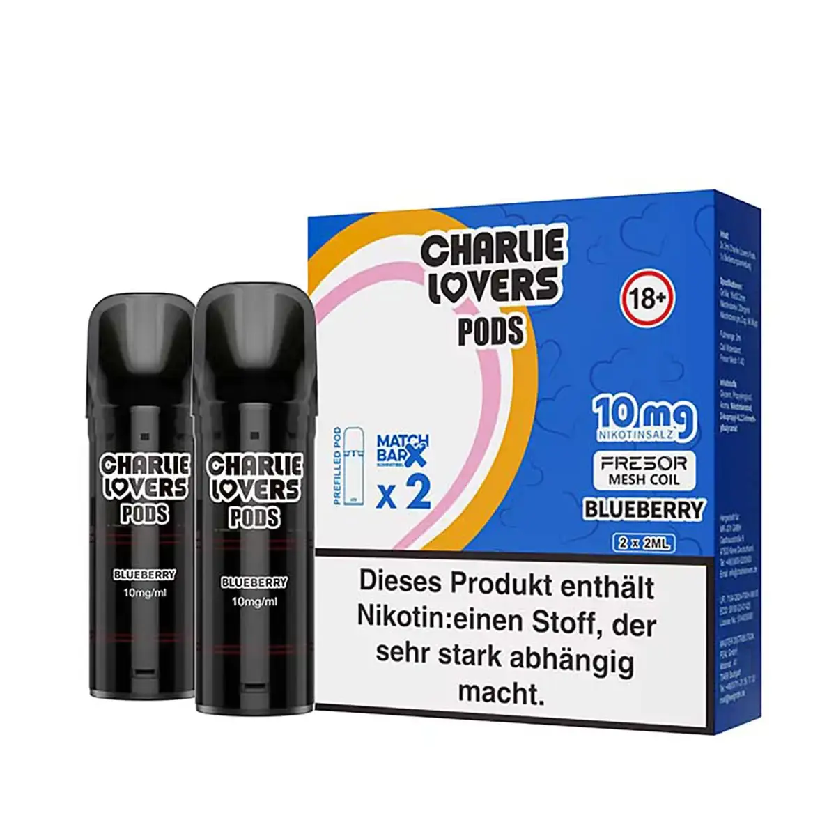 Charlie Lovers Prefilled Pod Blueberry 2er-Pack Verpackung mit zwei schwarzen Pods, 10 mg Nikotin