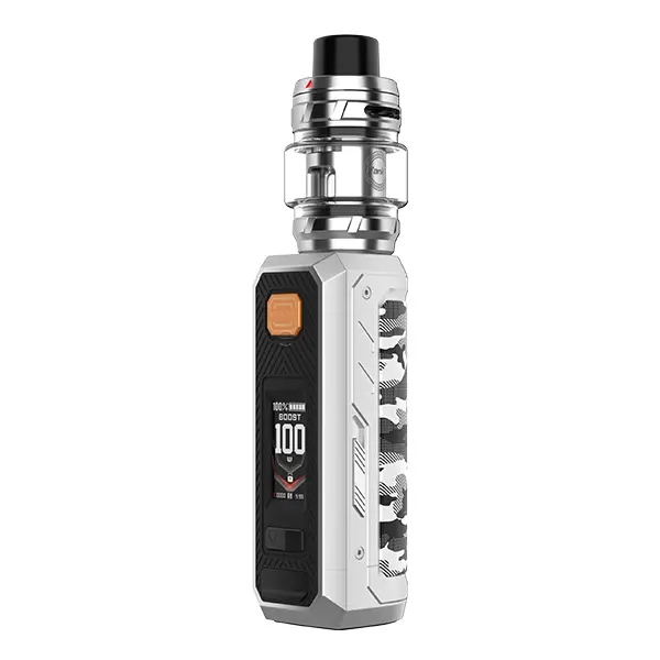 Vaporesso Armour Ultra Kit in Silber-Weiß mit aufgesetztem Tank, Frontansicht des E-Zigaretten Sets