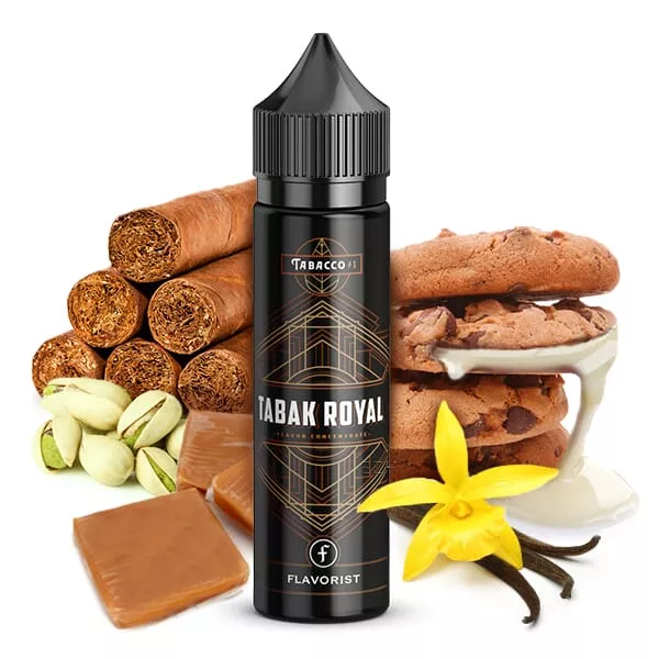 Flavorist Tabak Royal Longfill – schwarze 60ml-Flasche mit goldenem Etikett, Zigarren, Schokolade, Vanille und Pistazien im Hintergrund