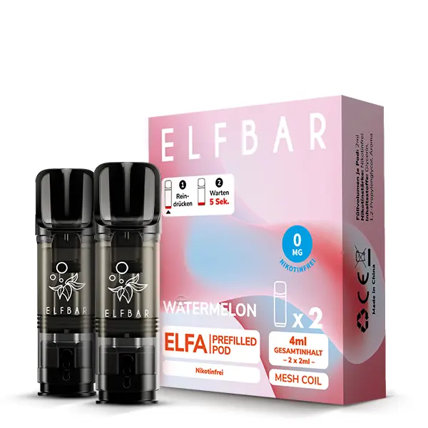 Elfbar Elfa Prefilled Pod Watermelon 2er-Pack mit rosa Verpackungsbox und zwei schwarzen Pods