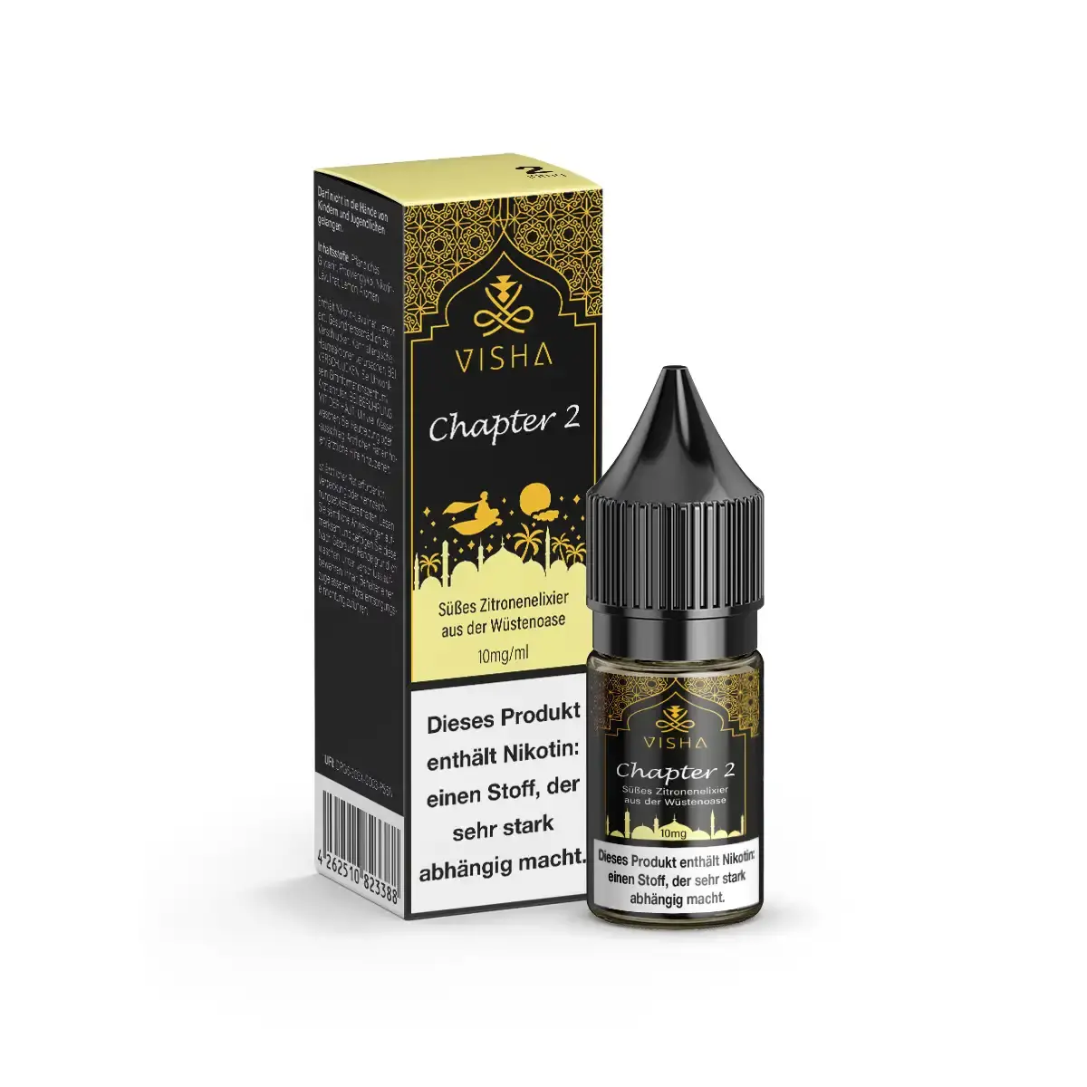 Visha Chapter 2 Nikotinsalz-Liquid 10ml – Flasche und Verpackung in Dunkelgelb-Gold-Design