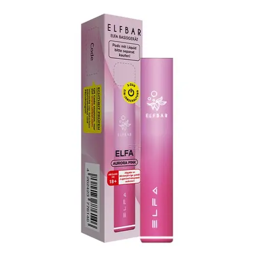 Elfbar Elfa CP Basisgerät in Pink mit Verpackungsbox, Produkt und Schachtel nebeneinander