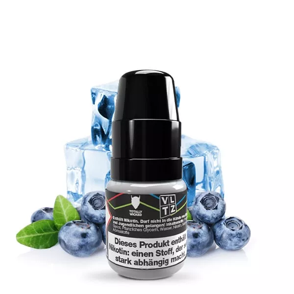 VLTZ Ice Heidelbeere 10ml Nikotinsalz-Liquid, schwarze Flasche mit Heidelbeeren und Eiswürfeln