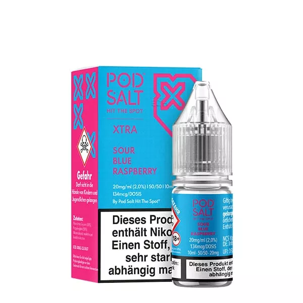 PodSalt Xtra Sour Blue Raspberry 10ml Nikotinsalz-Liquid Flasche mit pinker Verpackungsbox