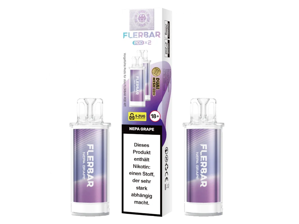 Flerbar Prefilled Pod Nepa Grape – Verpackung und zwei transparente Pods mit violetter Flüssigkeit