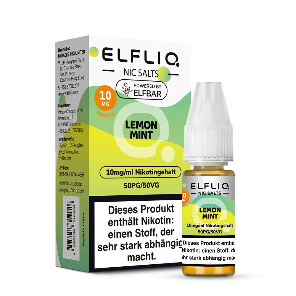 Elfliq Lemon Mint 10ml Nikotinsalz-Liquid von Elfbar – Flasche mit grün-gelbem Etikett, 10 mg/ml