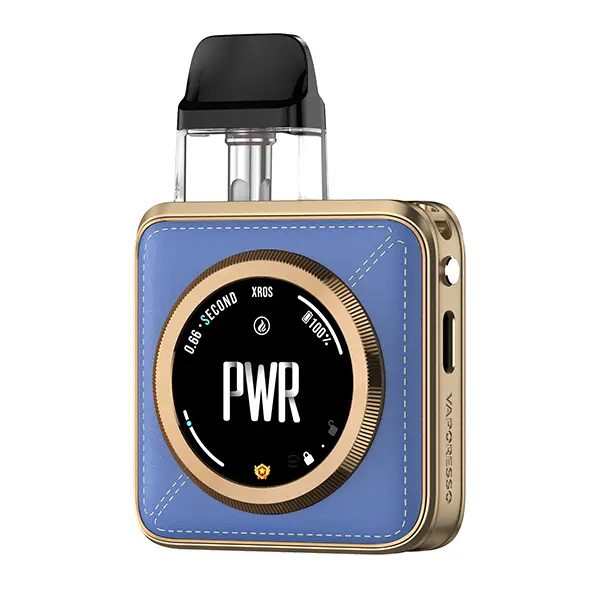 Vaporesso XROS 5 Nano Pod Kit in Hellblau-Gold mit großem rundem Display und PWR-Anzeige