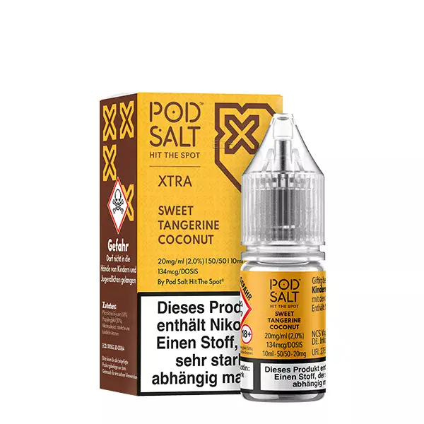 PodSalt Xtra Sweet Tangerine Coconut 10ml Nikotinsalz-Liquid – goldbraune Flasche mit Schachtel, Vorderansicht