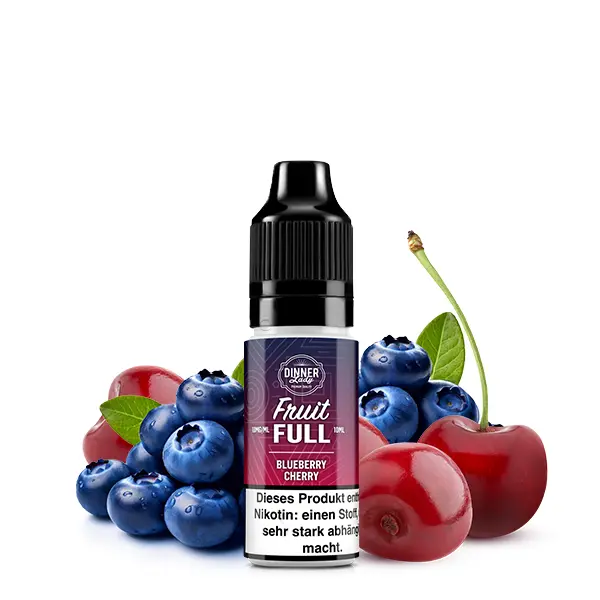 Dinner Lady Fruit Full Blueberry Cherry 10ml – Nikotinsalz-Flasche vor Heidelbeeren und Kirschen auf violettem Hintergrund