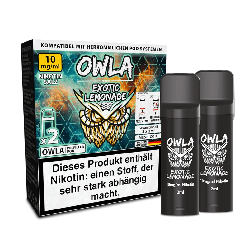 Owla Exotic Lemonade Prefilled Pod 2er-Pack – türkis-grüne Verpackung mit Eule und zwei schwarze Pods, 20 mg